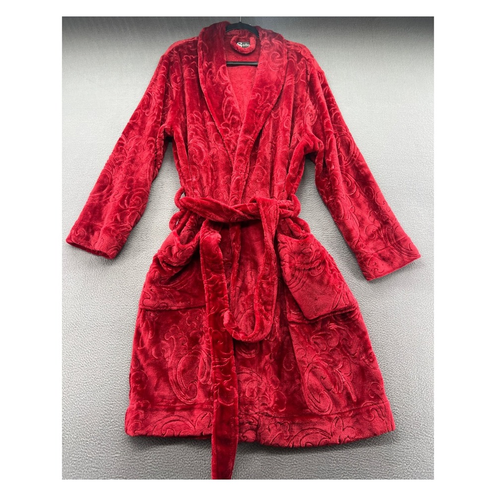 Silversilk Robe Men's One Size Red Plush Damask Scroll Shawl Collar Belt NWT